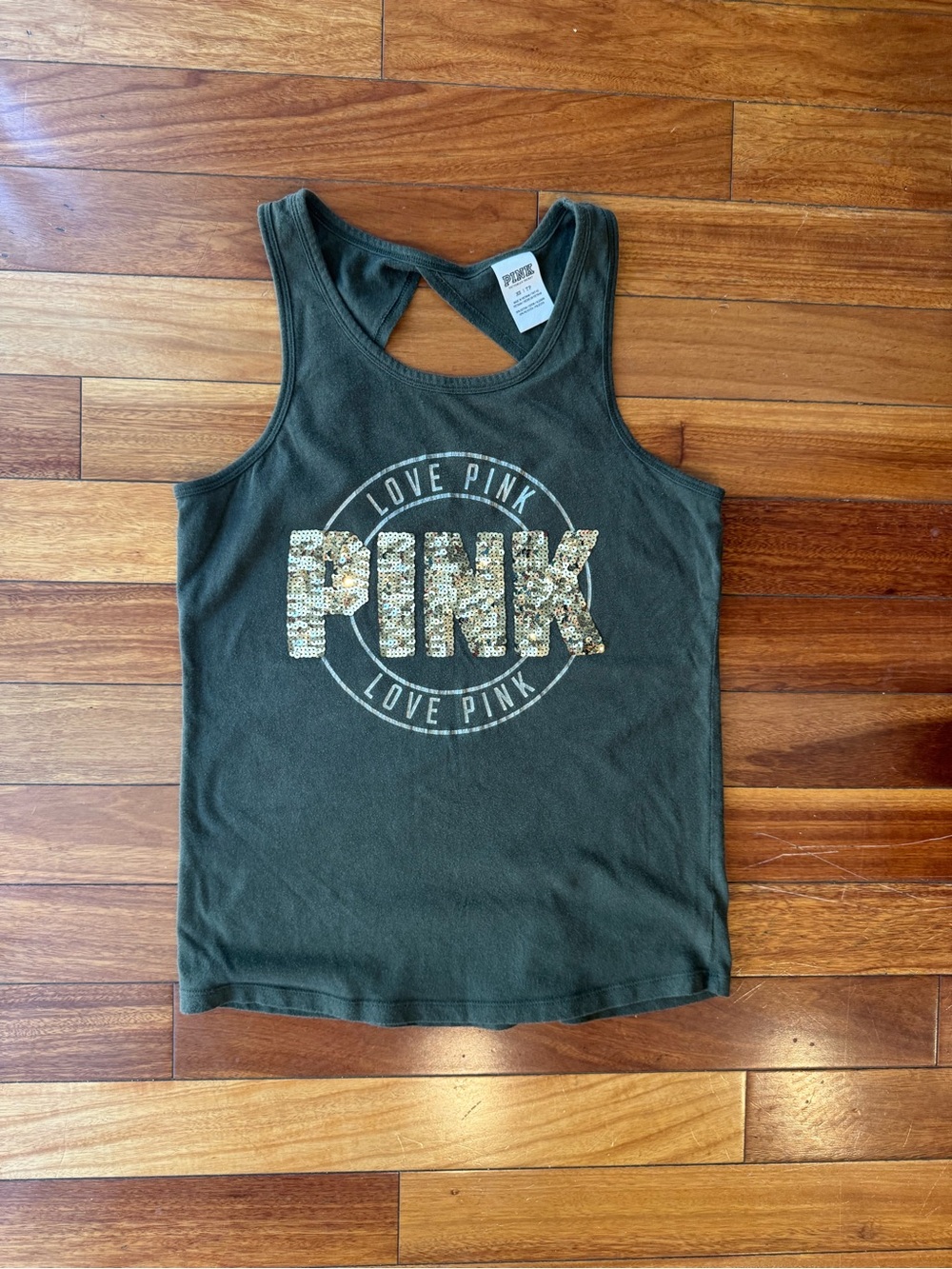 PINK Victoria's Secret Olive Green Sequin Logo Racerback Tank